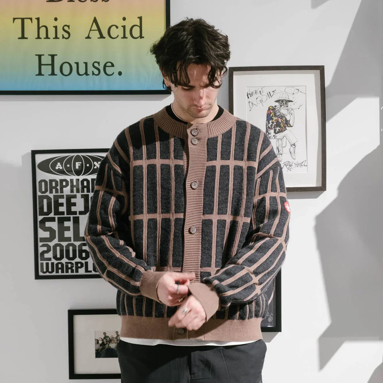Cav Empt Rectangular Bar Knit Cardigan - Brown - Image 3
