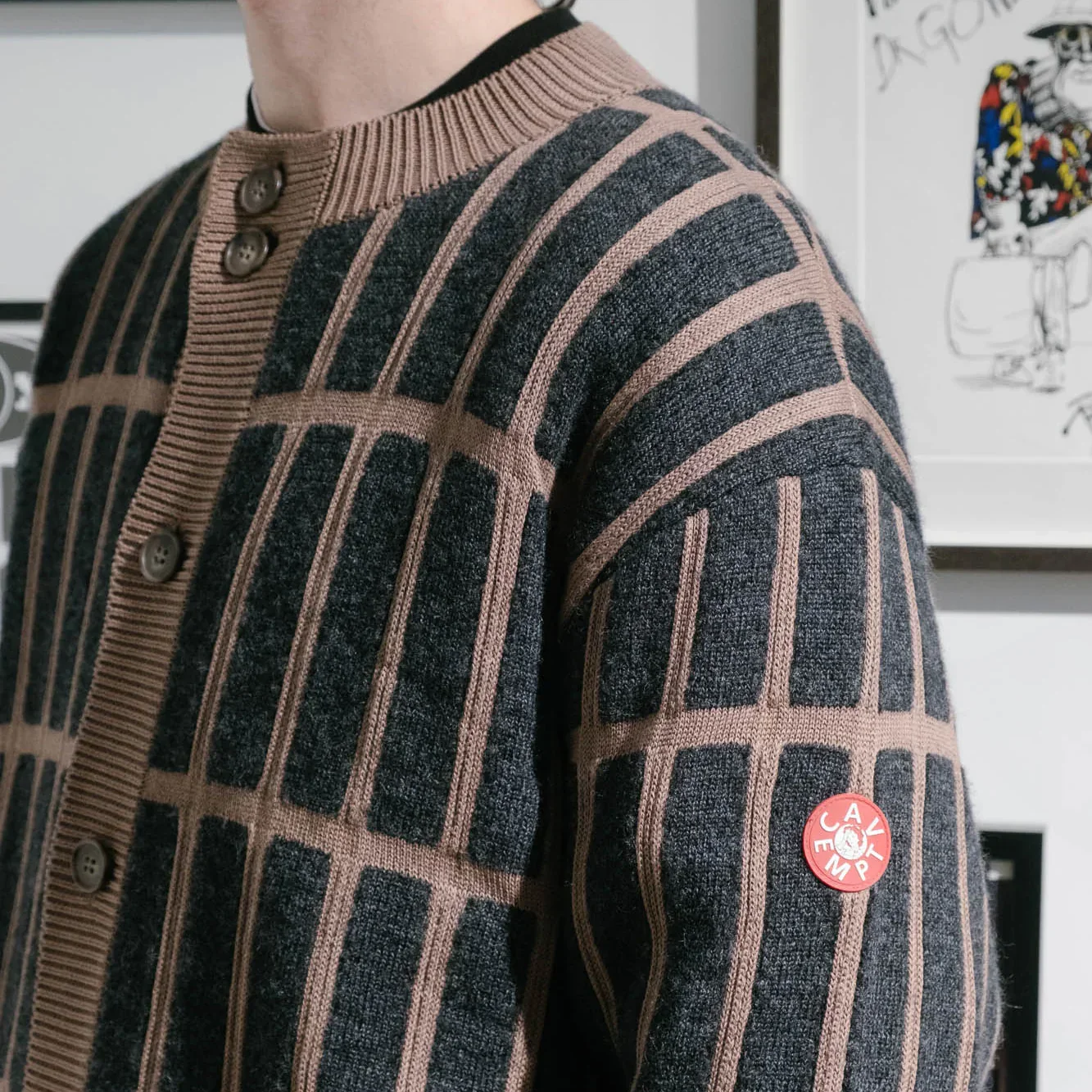 Cav Empt Rectangular Bar Knit Cardigan - Brown - Image 5