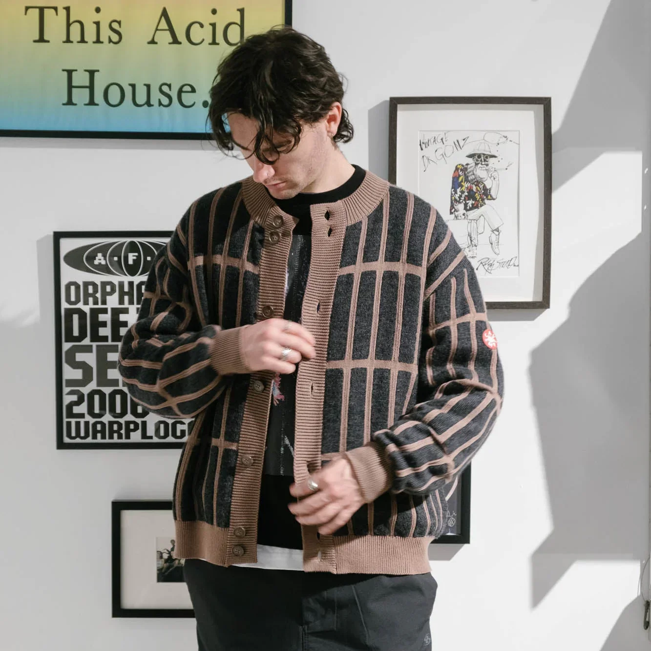Cav Empt Rectangular Bar Knit Cardigan - Brown - Image 9